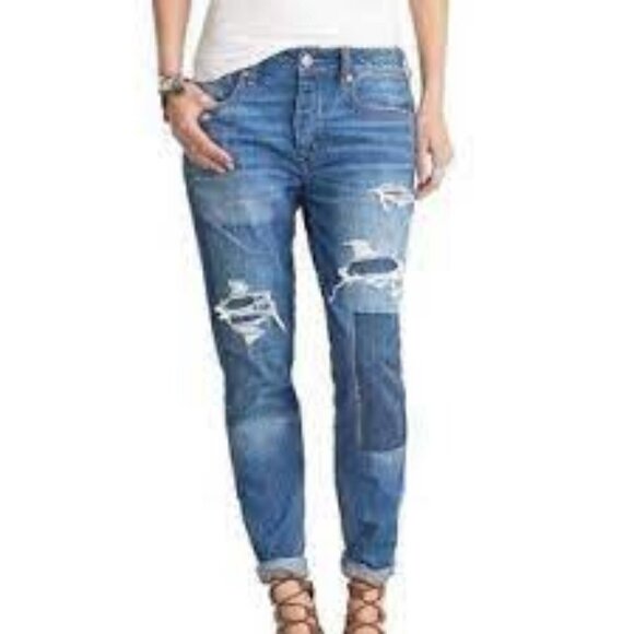 American Eagle Shadow Patched Tomgirl Distressed Button fly Jeans Size 8 - Picture 2 of 10